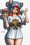  1girl antlers bare_arms birthday birthday_cake blue_hat blush breasts brown_eyes cake collarbone cowboy_shot earrings english_commentary food fruit happy_birthday hat head_tilt highres holding holding_plate horns jewelry large_breasts long_hair looking_at_viewer nami_(one_piece) no_pants ok_sign one_eye_closed one_piece open_mouth orange_hair pearl_earrings pink_hat plate print_shirt prixmal reindeer_antlers shirt short_sleeves simple_background single_sidelock smile solo_focus strawberry thighs thousand_sunny tony_tony_chopper wavy_hair white_shirt 
