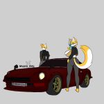 1:1 absurd_res anthro big_breasts big_butt bra breasts butt canid canine car clothed clothing crown datsun dessert digital_media_(artwork) duo exposed_bra exposed_underwear eyewear female food fox fur glasses grey_hair hair headgear hi_res hoodie ice_cream jacket lixian_azernia looking_at_viewer looking_back male male/female mammal mzzrlaraz nissan popsicle raised_tail red_vehicle rixian_azernia round_glasses side_swipe_hair simple_background smile smug_face smug_grin sports_car sucking tail text topwear translucent translucent_clothing translucent_thigh_highs underwear vehicle vintage_car white_body white_fur yellow_body yellow_fur