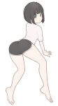  1girl 1ssakawaguchi absurdres ahoge ass barefoot black_shorts bob_cut brown_hair closed_mouth commentary_request dolphin_shorts from_behind full_body grey_eyes highres ichika_(1ssakawaguchi) legs looking_at_viewer looking_back original shirt short_hair short_shorts shorts simple_background smile solo t-shirt thighs toes white_background white_shirt 
