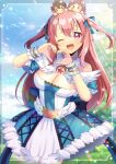  1girl ;d blue_bow blue_dress blue_sky bow breasts character_request cleavage cloud commentary_request commission day dress hair_between_eyes hands_up heart heart_hands kou_hiyoyo long_hair looking_at_viewer medium_breasts on_head one_eye_closed pink_hair purple_eyes ragnarok_online skeb_commission sky smile strapless strapless_dress tree two_side_up very_long_hair wrist_cuffs 