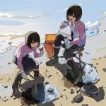  2girls :d animal beach black_pants boots brown_boots brown_hair camping cooler crab flowers_(innocent_grey) highres holding holding_animal holding_thermometer jacket knee_boots long_sleeves mole mole_under_eye multicolored_jacket multiple_girls multiple_moles open_mouth outdoors pants pink_jacket puddle rock sasaki_ichigo sasaki_ringo shishima_eichi short_hair siblings sisters sitting smile teeth thermometer thermos twins upper_teeth_only water 