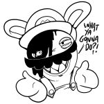 1:1 2023 anthro asking_viewer black_and_white black_eyes black_facial_hair black_mustache bust_portrait clothed clothed_anthro clothed_male clothing crossover dialogue digital_drawing_(artwork) digital_media_(artwork) english_description english_text evil_grin facial_hair fur hat headgear headwear lagomorph long_ears looking_at_viewer male male_anthro mammal mario_bros mario_plus_rabbids_kingdom_battle mitten_hands monochrome mustache narrowed_eyes nintendo noseless overalls portrait question rabbid rabbid_mario raving_rabbids raygirl rayman_(series) sharp_teeth simple_background smile solo spiral spiral_eyes squint teeth text ubisoft white_background white_body white_clothing white_fur white_hat white_headwear white_overalls