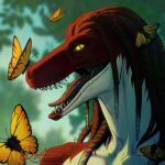 anthro arthropod bodily_fluids butterfly dinosaur dreadlocks female gradient_hair hair headshot_portrait hi_res icon insect lepidopteran open_mouth portrait prehistoric_species pupils red_body reptile road~abelgeym saliva saliva_on_tongue scalie slit_pupils solo solo_focus teeth tongue white_body yellow_eyes