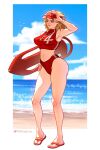  1girl absurdres beach blonde_hair blue_eyes breasts fantastic_four genjiruu highres large_breasts long_hair marvel marvel_rivals solo sue_storm swimsuit thighs water 