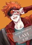  1boy anniversary birthday black_headband black_jacket black_order_uniform collarbone collared_jacket d.gray-man earrings eyepatch fingerless_gloves gloves green_eyes green_shirt hair_between_eyes happy_anniversary happy_birthday headband highres hoop_earrings jacket jewelry lavi looking_at_viewer male_focus messy_hair one_eye_covered open_mouth orange_background orange_hair red_gloves red_scarf scarf shirt short_hair sidelocks signature simple_background smile solo striped_clothes striped_headband striped_jacket teeth twitter_username v vertical-striped_clothes vertical-striped_jacket yu_chocochip 