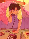  1boy bed brown_hair cassette_tape closed_mouth corded_phone derivative_work duskey_(sunsetfoam) highres indoors kubo_ken magazine_(object) male_focus morning otaku_no_video phone screenshot_redraw sleepy solo talking_on_phone under_covers 