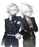  1123611099 :d absurdres aotsuki_eito armband belt black_jacket black_pants chain chain_leash chinese_commentary collar collarbone creator_connection crossed_arms crossover danganronpa_(series) danganronpa_another_episode:_ultra_despair_girls eyeshadow gakuran glasses gloves grey_eyes grey_hair hair_between_eyes hand_up highres hole_in_chest hole_on_body jacket komaeda_nagito last_defense_academy_school_uniform leash long_sleeves looking_at_viewer makeup male_focus medium_hair megaphone metal_collar multiple_boys one_eye_closed open_clothes open_jacket open_mouth pants red_eyeshadow school_uniform servant_(danganronpa) shirt short_hair simple_background sketch smile striped_clothes striped_shirt teeth the_hundred_line_-last_defense_academy- upper_teeth_only white_armband white_belt white_gloves yellow_eyes 