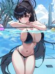  1girl absurdres alternate_costume alternate_hairstyle bare_arms bikini black_bikini black_hair black_halo blue_archive blue_sky blunt_bangs blush breasts bright_pupils cleavage cloud commentary cowboy_shot cumulonimbus_cloud curvy day eyelashes floating_hair hair_behind_ear hair_intakes hair_ornament hairclip halo hido88 highres huge_breasts long_hair looking_at_viewer multicolored_halo navel outdoors palm_tree parted_lips partially_submerged ponytail pool red_eyes red_halo ringed_eyes rio_(blue_archive) sketch skindentation sky solo stomach swimsuit thigh_gap thighs tree two-tone_halo unfinished very_long_hair water white_pupils 