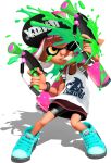  1girl 3d bare_arms baseball_cap bike_shorts blue_shoes eye_mask full_body grin hat holding holding_weapon ink_tank_(splatoon) inkling inkling_girl inkling_player_character looking_at_viewer miniskirt multicolored_hair official_art one_eye_closed orange_eyes paint_splatter paint_splatter_on_face pink_hair red_skirt shoes short_eyebrows short_hair sidelocks skirt smile sneakers solo splat_dualies_(splatoon) splatoon_(series) splatoon_2 standing suction_cups surume_(splatoon) tan tank_top tentacle_hair thick_eyebrows transparent_background two-tone_hair v-shaped_eyebrows weapon white_tank_top 