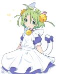  1girl ahoge animal_hat apron bell bow cat_hat cat_tail closed_mouth dejiko di_gi_charat green_eyes green_hair hat highres jingle_bell neck_bell nicmangle short_hair smile solo tail tail_bow tail_ornament white_apron 