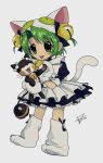  1girl animal_hat apron bell cat_hat cat_tail crossover dejiko di_gi_charat full_body green_eyes green_hair hat holding holding_pokemon jingle_bell mittens open_mouth pokemon pokemon_(creature) pokemon_gsc_(prototype) ringring_(pokemon) shoes species_connection tail teasomniac white_apron white_mittens white_shoes 