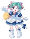  1girl ahoge animal_hat anyaaki ascot bell blue_dress blue_ribbon blush_stickers bow cat_hat cat_tail curtained_hair dejiko di_gi_charat dress full_body gema green_hair grey_hair hat highres jingle_bell mittens open_mouth ribbon solo tail tail_bow tail_ornament white_ascot white_mittens 