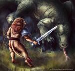 ambiguous_feral ambiguous_gender anthro armor beady_eyes brown_mane butt duo fangs felid feral forked_tongue fur grass green_body green_scales hi_res holding_melee_weapon holding_object holding_sword holding_weapon lion male male_anthro mammal mane melee_weapon orange_body orange_fur pantherine pink_tongue plant satanic_monkey scales scalie size_difference standing sword tail tail_tuft teeth tongue tongue_out tuft weapon
