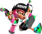  1girl 3d absurdres bare_arms baseball_cap bike_shorts blue_shoes dynamic_pose eye_mask full_body gradient_hair hat highres holding holding_weapon ink_tank_(splatoon) inkling inkling_girl inkling_player_character looking_at_viewer miniskirt multicolored_hair official_art orange_eyes paint_splatter pink_hair red_skirt shoes short_eyebrows short_hair sidelocks skirt smile sneakers solo splat_dualies_(splatoon) splatoon_(series) splatoon_2 spotted_hair suction_cups surume_(splatoon) tan tank_top tentacle_hair thick_eyebrows transparent_background two-tone_hair v-shaped_eyebrows weapon white_tank_top 
