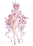  1girl absurdres alternate_costume artist_logo bikini blush breasts cleavage commentary dorothy_(nikke) flower-shaped_hair frilled_bikini frills full_body goddess_of_victory:_nikke hair_bun hair_intakes hand_up high_heels highres holding holding_umbrella large_breasts logo long_hair looking_at_viewer multi-strapped_bikini_bottom multi-strapped_bikini_top navel pink_hair planted planted_umbrella purple_eyes simple_background single_side_bun skindentation smile solo standing stomach subong swimsuit thighs toes umbrella very_long_hair white_background white_bikini 