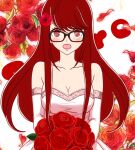  1girl akegoro_s2 bare_shoulders blush breasts bride dress elbow_gloves flower glasses gloves long_hair makeup medium_breasts open_mouth persona persona_5 persona_5_the_royal petals red_flower red_hair white_background white_dress yoshizawa_sumire 