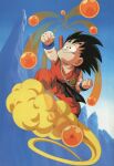  1980s_(style) 1boy absurdres aged_down artist_request black_eyes black_hair blue_sky check_artist child clenched_hands dougi dragon_ball dragon_ball_(classic) dragon_ball_(object) flying_nimbus highres looking_up maeda_minoru male_focus mountain official_art orange_dougi outdoors retro_artstyle ruyi_jingu_bang scan short_hair sky smile solo son_goku spiked_hair third-party_source weapon weapon_on_back wristband 