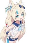  1girl absurdres ahoge animal_ears araimelon bikini blonde_hair blue_bikini blue_bow blue_eyes blue_hair blue_scrunchie bow breasts cat_ears commentary dress english_commentary fins fish_girl fish_tail hair_bow highleg highleg_bikini highres indie_virtual_youtuber lifebuoy_hair_ornament long_hair low_twintails multicolored_hair one_side_up open_mouth sameko_saba scrunchie short_shorts shorts simple_background sleeveless sleeveless_dress small_breasts smile solo streaked_hair swimsuit tail twintails very_long_hair virtual_youtuber white_background white_dress white_shorts 