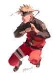  1boy blonde_hair forehead_protector full_body highres holding holding_kunai holding_weapon jacket kunai long_sleeves male_focus naruto_(series) naruto_shippuuden ninja orange_jacket orange_pants pants reverse_grip sandals short_hair simple_background solo spiked_hair uzumaki_naruto weapon white_background yellow_eyes zifletts 