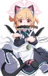  1girl :3 anger_vein animal_ear_headphones animal_ears apron aqua_ribbon back_bow black_dress black_tail blonde_hair blue_archive blunt_bangs blush bow cat_ear_headphones cat_ears cat_tail collared_dress commentary contrast_collar crossed_arms death_momoi_(meme) dress dual_wielding english_text fake_animal_ears fake_tail floating_clothes floating_hair frilled_apron frilled_dress frills furrowed_brow halo headphones highres holding holding_knife kitchen_knife knife long_sleeves looking_at_viewer maid maid_apron maid_headdress meme momoi_(blue_archive) momoi_(maid)_(blue_archive) mouth_hold neck_ribbon official_alternate_costume official_alternate_hairstyle pantyhose pink_eyes pink_halo ribbon shijima_(shijima_tc) short_hair short_twintails sidelocks simple_background smile solo speech_bubble standing tail twintails virtual_pet_(toy) white_apron white_background white_bow white_headdress white_pantyhose wind wind_lift wing_collar 
