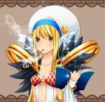  1girl argyle_clothes argyle_dress bangle blonde_hair blush book bracelet breasts brown_background brown_eyes cleavage closed_mouth commentary_request detached_sleeves dress expressionless feathered_wings hat head_wings holding holding_book jewelry kiseru long_hair looking_at_viewer medium_breasts meiko_(nattu303) open_book ragnarok_online sleeveless sleeveless_dress smoking smoking_pipe solo sorcerer_(ragnarok_online) tam_(ragnarok_online) upper_body white_dress white_hat white_sleeves white_wings wings 