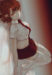  1girl androssi_zahard breasts brown_hair collared_shirt colored_eyelashes cropped_shirt gradient_background horns looking_at_viewer lying miniskirt necktie on_back on_bed orange_background orange_hair original red_necktie red_skirt school_uniform shirt short_hair simple_background single_horn skirt solo spyairi thighhighs thighs tower_of_god two-tone_background white_background white_shirt white_thighhighs 