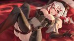  1girl belt black_lips breasts brown_belt cleavage colored_inner_hair elbow_gloves gloves hair_ornament highres linea_alba lying multicolored_hair on_back parted_lips pillow pouch red_eyes red_hair red_nails second-party_source sinthya_sanguine skindentation solo symbol-shaped_pupils tactical_clothes thighhighs vallure virtual_youtuber white_hair yumeha_tseru 