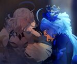  2girls ahoge artist_name ascot black_ascot black_background blue_bow blue_dress blue_eyes blue_gemstone blue_hair blue_hat blue_jacket bow breasts closed_eyes closed_mouth clothing_cutout crying crying_with_eyes_open dress dual_persona focalors_(genshin_impact) furina_(genshin_impact) gem genshin_impact gold_trim grey_hair hair_between_eyes hat hat_bow hat_ornament highres huge_ahoge jacket juliet_sleeves long_hair long_sleeves looking_at_another low_ponytail medium_breasts multicolored_hair multiple_girls neitonana ponytail puffy_sleeves sad sidelocks simple_background smile tears teeth top_hat two-tone_dress two-tone_hair upper_body wavy_hair white_dress 