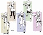  1girl alternate_costume bike_shorts binoculars character_name commentary_request dress greyscale greyscale_with_colored_background headgear holding holding_binoculars kantai_collection kawashina_(momen_silicon) leg_up long_sleeves miniskirt monochrome multiple_views open_mouth pantyhose pleated_skirt rudder_footwear sailor_dress short_dress short_hair simple_background skirt standing standing_on_one_leg yukikaze_(kancolle) 