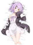  1girl black_cardigan black_choker black_ribbon blush cardigan choker cropped_legs dated dress ghost_hair_ornament hair_ornament hair_ribbon hair_tie highres koishi_(kiwi0314) looking_at_viewer lying on_back open_mouth purple_hair ribbon shinomiya_runa shinomiya_runa_(1st_costume) sleeves_past_fingers sleeves_past_wrists solo thigh_strap twitter_username virtual_youtuber vspo! white_dress x_hair_ornament yellow_eyes 
