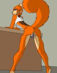  2025 absurd_res anthro blue_eyes bottomwear breasts butt clothed clothing convenient_censorship countershade_face countershade_torso countershading digital_drawing_(artwork) digital_media_(artwork) eurasian_red_squirrel female flawedspirit fluffy fluffy_tail fur hair hi_res leaning leaning_forward leaning_on_object looking_back mammal markings maya_(flawedspirit) multicolored_body nipples orange_body orange_fur orange_hair oversized_clothing panties presenting presenting_hindquarters raised_tail rodent sciurid shaded simple_background small_breasts smile solo tail tongue tongue_out topwear tree_squirrel underwear 