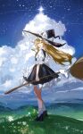  1girl :d absurdres apron axleaki black_hat black_shoes black_skirt black_vest blonde_hair bow braid broom chinese_commentary cloud commentary_request cumulonimbus_cloud day english_commentary frilled_skirt frills full_body grass hair_between_eyes hat hat_bow highres holding holding_broom kirisame_marisa light_particles light_trail long_hair looking_at_viewer mixed-language_commentary open_mouth outdoors plant puffy_short_sleeves puffy_sleeves shirt shoes short_sleeves sketch skirt sky smile socks solo standing star_(sky) star_(symbol) starry_sky touhou two-sided_fabric two-sided_headwear vest waist_apron white_apron white_bow white_hat white_shirt white_socks wind witch_hat yellow_eyes 