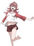  1girl ahoge bare_legs barefoot brown_shorts collarbone flipped_hair foot_out_of_frame groin highres idolmaster idolmaster_shiny_colors komiya_kaho long_hair looking_at_viewer monya_monya_(tmsc7752) navel raglan_sleeves red_eyes red_hair shorts smile solo standing standing_on_one_leg stomach 