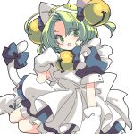  1girl animal_hat apron bell cat_hat cat_tail dejiko di_gi_charat dot_nose green_eyes green_hair hat hiyo_moo jingle_bell looking_at_viewer mittens neck_bell open_mouth ringed_eyes short_sleeves simple_background sitting solo tail white_apron white_background white_mittens 
