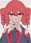 1girl ahoge bare_shoulders black_shirt black_sleeves blush collared_shirt detached_sleeves drill_hair hair_between_eyes highres kasane_teto kasane_teto_(utau) long_sleeves looking_at_viewer number_tattoo red_eyes red_hair red_tattoo red_trim rirurima25 shirt shoulder_tattoo sleeveless sleeveless_shirt solo tattoo tongue tongue_out twin_drills utau white_background 