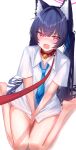  1girl absurdres animal_collar animal_ear_fluff animal_ears bare_legs barefoot bell between_legs black_hair blue_archive blue_necktie blue_ribbon blush bottomless cat_day cat_ears cat_girl collar collared_shirt commentary covering_crotch covering_privates crossed_bangs dress_shirt dutch_angle embarrassed eyelashes fang foot_out_of_frame fujiwara_haru_(nekonote) hair_between_eyes hair_intakes hair_ribbon hair_spread_out halo hand_between_legs highres jingle_bell leash long_hair looking_at_viewer neck_bell necktie nose_blush open_mouth pink_halo pink_pupils pov red_eyes ribbon school_uniform serika_(blue_archive) shirt short_sleeves simple_background sitting skin_fang slit_pupils soles solo straight_hair tearing_up tears thighs tsurime twintails v_arms very_long_hair viewer_holding_leash wariza white_background white_shirt 