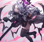  1girl ahoge ass black_gloves black_halo black_horns black_thighhighs blue_archive boots coat coat_on_shoulders demon_girl demon_horns demon_wings forehead gloves gun hair_ornament hairclip halo highres hina_(blue_archive) holding holding_gun holding_weapon horns long_hair low_wings machine_gun mg42 multiple_horns parted_bangs purple_eyes purple_wings solo sterben thighhighs very_long_hair weapon white_hair wings 