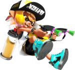  1girl 3d absurdres bare_arms baseball_cap bike_shorts blonde_hair blue_shoes dynamic_pose eye_mask full_body gradient_hair hat highres holding holding_weapon ink_tank_(splatoon) inkling inkling_girl inkling_player_character looking_ahead miniskirt multicolored_hair official_art open_mouth orange_eyes shoes short_eyebrows short_hair sidelocks skirt smile sneakers solo splat_dualies_(splatoon) splatoon_(series) splatoon_2 spotted_hair suction_cups surume_(splatoon) tan tank_top tentacle_hair thick_eyebrows transparent_background two-tone_hair v-shaped_eyebrows weapon white_tank_top yellow_skirt 