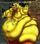 2025 absurd_res animatronic anthro avian beak belly bib big_belly big_breasts bird bodily_fluids breasts chica_(fnaf) chicken deep_navel digital_media_(artwork) door drooling english_text feathers featureless_breasts female fingers five_nights_at_freddy&#039;s food galliform gallus_(genus) hi_res huge_belly huge_breasts huge_thighs jiggling machine messy morbidly_obese morbidly_obese_anthro morbidly_obese_female navel obese obese_anthro obese_female open_beak open_mouth overweight overweight_anthro overweight_female phasianid pink_eyes pizza robot rumbling_stomach saliva scottgames solo teeth text thick_thighs tongue tongue_out torn_bib viroveteruscy yellow_body yellow_feathers