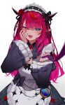  1girl aotake_iro black_dress black_headdress blue_eyes blunt_bangs chest_bow crystal_wings double_halo dress halo heterochromia highres hololive hololive_english irys_(hololive) irys_(maid)_(hololive) juliet_sleeves lace-trimmed_collar lace-trimmed_headdress lace_trim long_hair long_sleeves looking_at_viewer maid multicolored_hair official_alternate_costume official_alternate_hairstyle open_mouth pointy_ears puffy_sleeves simple_background solo star-shaped_pupils star_(symbol) star_halo streaked_hair symbol-shaped_pupils victorian_maid virtual_youtuber white_background 