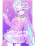  1girl aegyo_sal blonde_hair blue_eyes blue_hair blunt_bangs bonnet bow chouzetsusaikawa_tenshi-chan colored_tips commission dress finger_gun hair_bow hair_ribbon hand_up head_tilt highres koharustuki looking_at_viewer multicolored_hair multiple_hair_bows neck_ribbon needy_girl_overdose pastel_colors pillarboxed pink_dress pink_hair quad_tails ribbon solo sparkle stopwatch tassel twisted_torso watermark 