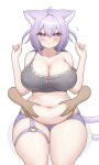  1girl ahoge animal_ear_fluff animal_ears belly_grab blush breasts cleavage closed_mouth collarbone commentary_request curvy disembodied_hand dot_nose feet_out_of_frame hair_between_eyes half-closed_eyes heart highres hololive large_breasts looking_at_viewer medium_hair mochigomemcmc navel nekomata_okayu o-ring off_shoulder plump purple_ears purple_eyes shadow simple_background sitting skindentation solo_focus tail thick_thighs thigh_strap thighs virtual_youtuber white_background 