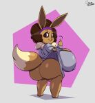2025 anthro big_breasts big_butt biped breasts brown_body brown_hair butt carlos_jurado_cartoons clothed clothing clothing_lift digital_media_(artwork) eevee eyelashes female female_anthro full-length_portrait generation_1_pokemon geometric_background glistening glistening_body hair hi_res huge_breasts looking_at_viewer looking_back nintendo no_underwear pokemon pokemon_(species) portrait pupils simple_background smile solo thick_thighs three-quarter_view