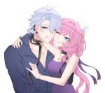  1boy 1girl absurdres ahoge blue_eyes blue_shirt breasts cleavage commentary cyrene_(honkai:_star_rail) dress ear_piercing english_commentary hair_ornament hetero highres honkai:_star_rail honkai_(series) jewelry licking_lips long_hair medium_breasts necklace official_alternate_costume phainon_(fashion)_(honkai:_star_rail) phainon_(honkai:_star_rail) piercing pink_hair pink_pupils purple_dress rincchu shirt short_hair simple_background tongue tongue_out white_background white_hair 