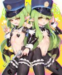  2girls :d absurdres animal_ears armband black_pasties black_shrug black_tail blue_archive blue_armband blush breasts crotchless demon_tail frilled_thigh_strap frontless_outfit green_hair green_halo gun halo handgun hat heart_maebari heart_pasties highres hikari_(blue_archive) hiphighs holding holding_gun holding_weapon latex latex_legwear long_hair long_sleeves looking_at_viewer maebari manurhin_mr73 multiple_girls navel nozomi_(blue_archive) open_mouth pasties peaked_cap playboy_bunny pointy_ears revealing_clothes reverse_bunnysuit reverse_outfit revolver shiny_clothes shrug_(clothing) siblings simple_background sisters small_breasts smile tail thigh_strap train_conductor twins twintails very_long_hair weapon wrist_cuffs xg_epee yellow_eyes 