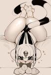 absurd_res ambiguous_gender animal_crossing ankha_(animal_crossing) anthro ass_up bed big_butt big_feet blush bob_cut bodily_fluids butt clothed clothing digital_media_(artwork) domestic_cat feet feet_in_air felid feline felis furniture hair handpaw heart_eyes heart_symbol hi_res huge_butt legs_on_bed looking_at_viewer mammal markings monochrome naxius_noxy nintendo panties partially_clothed paws simple_background solo straight_face striped_hair striped_markings striped_tail stripes sweat tail tail_markings underwear