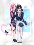  2girls absurdres alien_stage arm_up black_bow black_bowtie black_hair black_shoes blazer blue_jacket blush bow bowtie bunny_ears_prank casdela1 cellphone choppy_bangs collared_shirt colored_inner_hair commentary covered_mouth curtained_hair english_commentary foot_up full_body glasses green_eyes green_hair grey_eyes grey_skirt hair_between_eyes hairband hand_on_another&#039;s_shoulder hands_up heart highres holding holding_phone jacket long_bangs long_hair long_sleeves looking_at_phone looking_at_viewer miniskirt mizi_(alien_stage) multicolored_hair multiple_girls nose_blush open_mouth phone pink_hair pleated_skirt posing selfie shirt shoes short_hair skirt smartphone sneakers socks standing star_(symbol) striped_bow striped_bowtie striped_clothes sua_(alien_stage) teeth twintails upper_teeth_only white-framed_eyewear white_hairband white_shirt white_shoes white_socks 