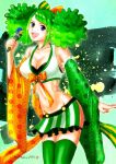  1girl ann_(one_piece) breasts cleavage commentary_request cowboy_shot den_den_mushi detached_sleeves double_bun freckles green_sleeves green_thighhighs hair_bun highres holding holding_microphone looking_at_viewer microphone narrow_waist one_piece one_piece:_stampede open_mouth orange_sleeves oregano551 purple_eyes sidelocks skirt smile solo swept_bangs teeth thighhighs upper_teeth_only 