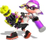  1boy 3d armband black_pants black_shoes colored_shoe_soles comb_over dynamic_pose eye_mask full_body glasses gradient_hair heavy_splatling_(splatoon) highres holding holding_weapon ink_tank_(splatoon) inkling inkling_boy inkling_player_character kensaki_(splatoon) looking_at_viewer moccasins multicolored_hair official_art orange_eyes paint_splatter paint_splatter_on_face pale_skin pants purple_hair shoes short_hair short_sleeves shorts sidelocks smile sneakers solo splatoon_(series) splatoon_2 spotted_hair suction_cups tentacle_hair thick_eyebrows transparent_background two-tone_hair v-shaped_eyebrows weapon 