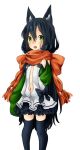 1girl alchemist_(ragnarok_online) alternate_color animal_ears black_bow black_hair black_thighhighs blush bow cat_ears cat_girl commentary_request detached_sleeves dress feet_out_of_frame flat_chest frilled_dress frills green_eyes green_sleeves hair_between_eyes long_hair looking_at_viewer meiko_(nattu303) navel open_mouth orange_scarf plunging_neckline ragnarok_online scarf short_dress simple_background solo standing thighhighs very_long_hair white_background white_dress 